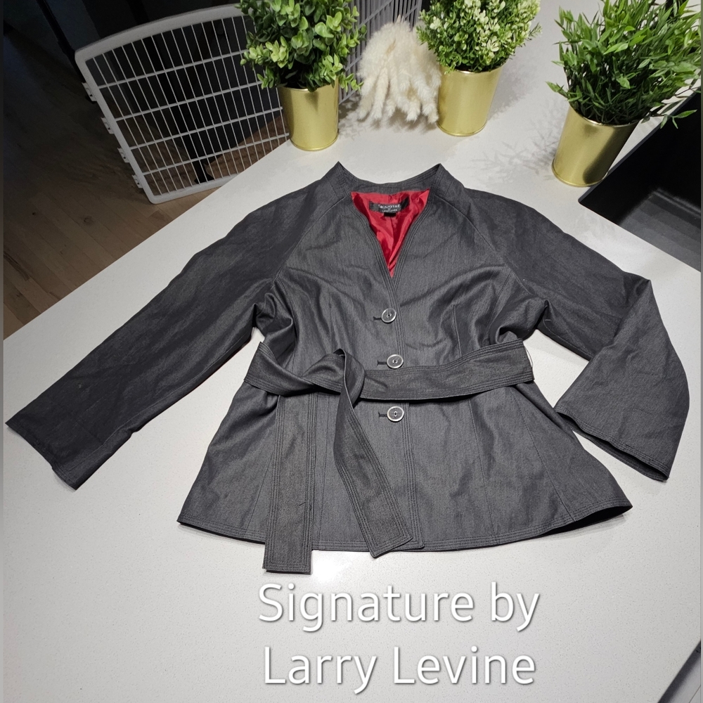 LARRY LEVINE Sublime blazer doublé gris charcoal, ceinture ajustable à la taille